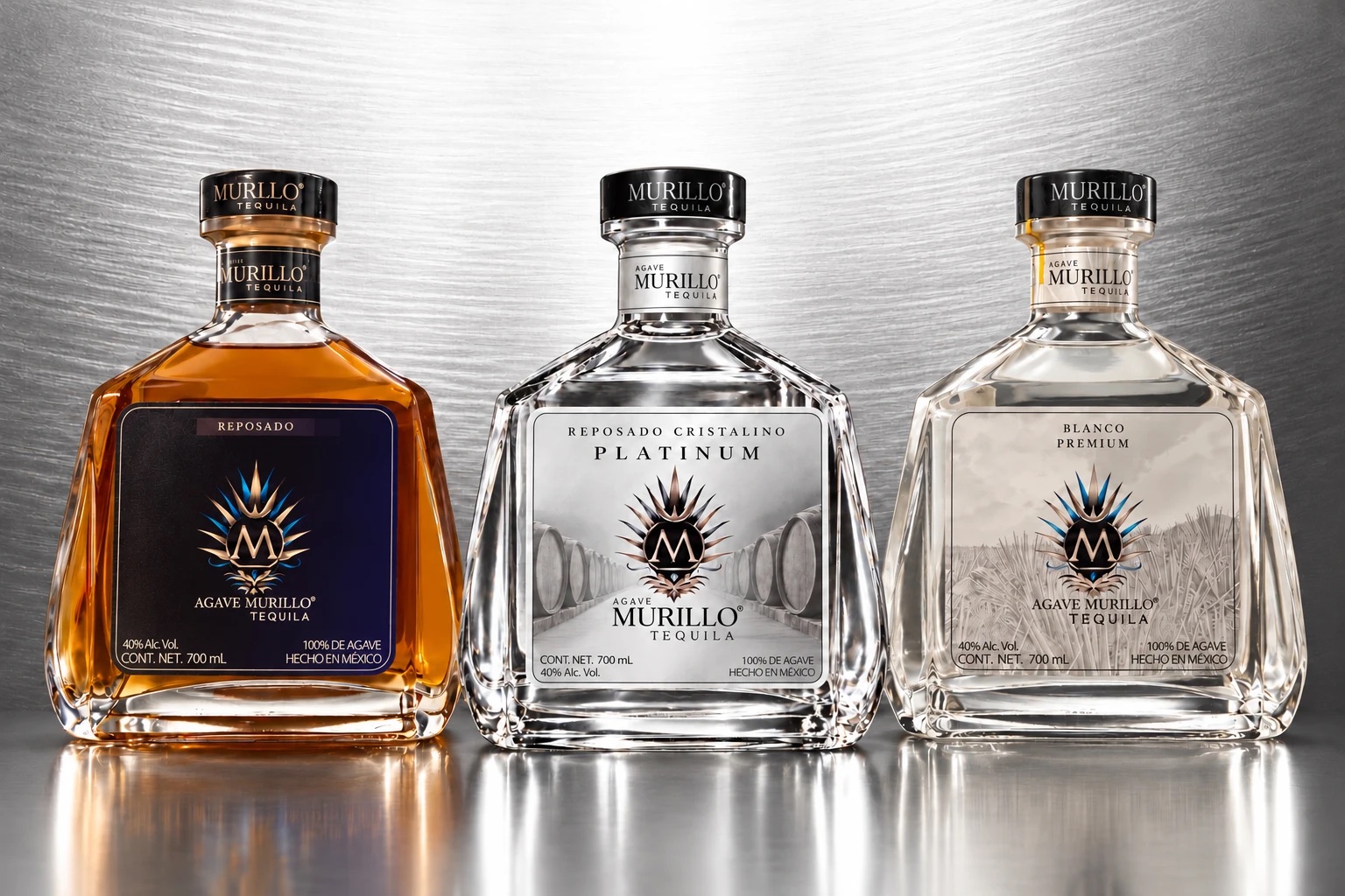 Trilogía Murillo: botellas de Reposado, Platinum y Blanco
